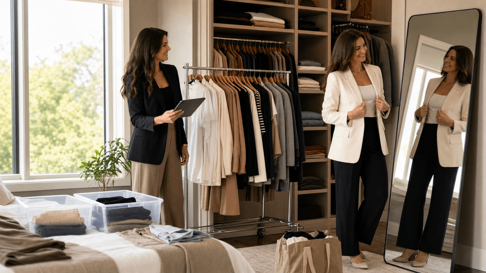 Neatly arranged pastel clothing on wooden hangers in a bright closet, with folded sweaters on white shelves.