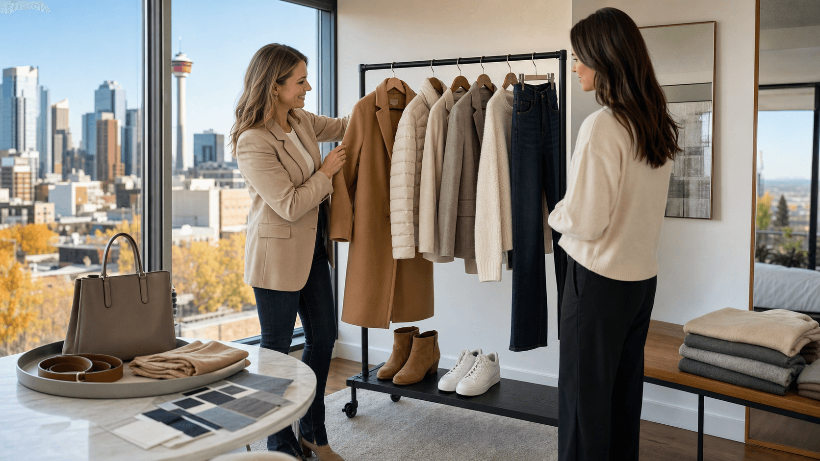 Flat lay of neutral-toned clothing on a rack with boots and accessories, softly lit against a beige backdrop