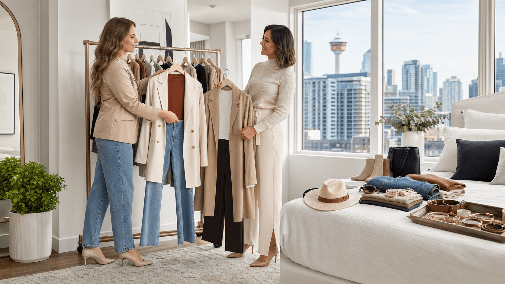 Flat lay of folded neutral clothes, leather boots, and a notebook on a light wood table in soft daylight