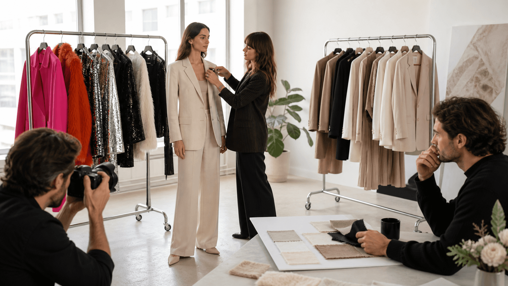 Split studio scene with a fashion rack, styled outfits, mood boards, and soft neutral lighting.