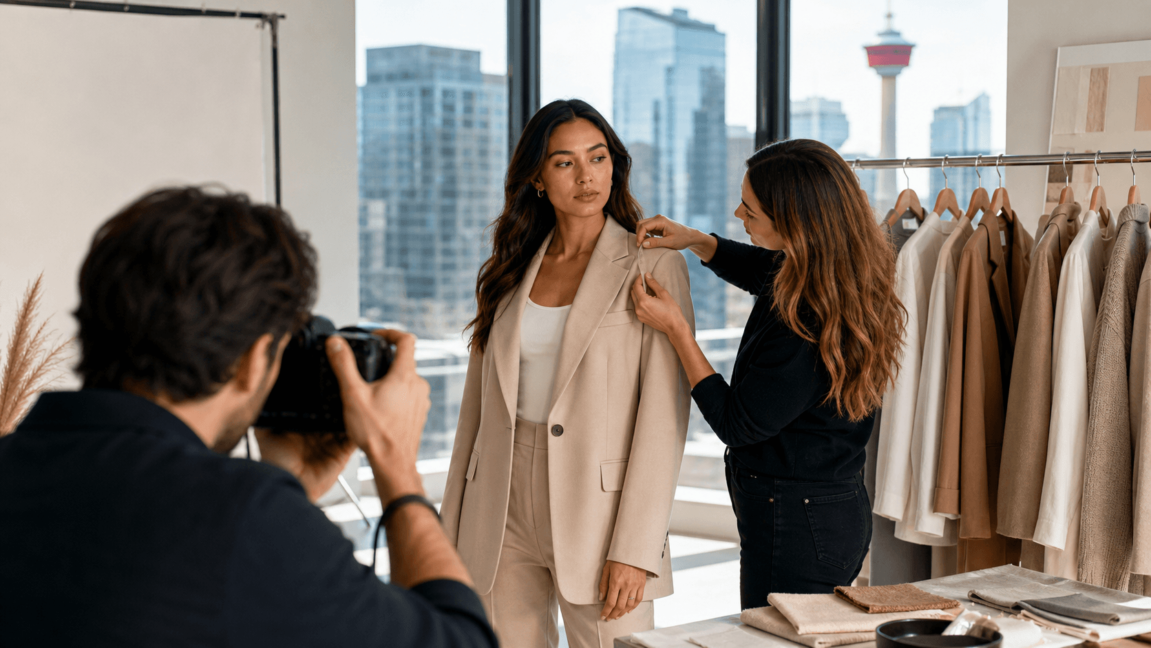 Fashion photographer adjusts a model’s beige blazer in a sunlit studio beside a camera and clothing rack.