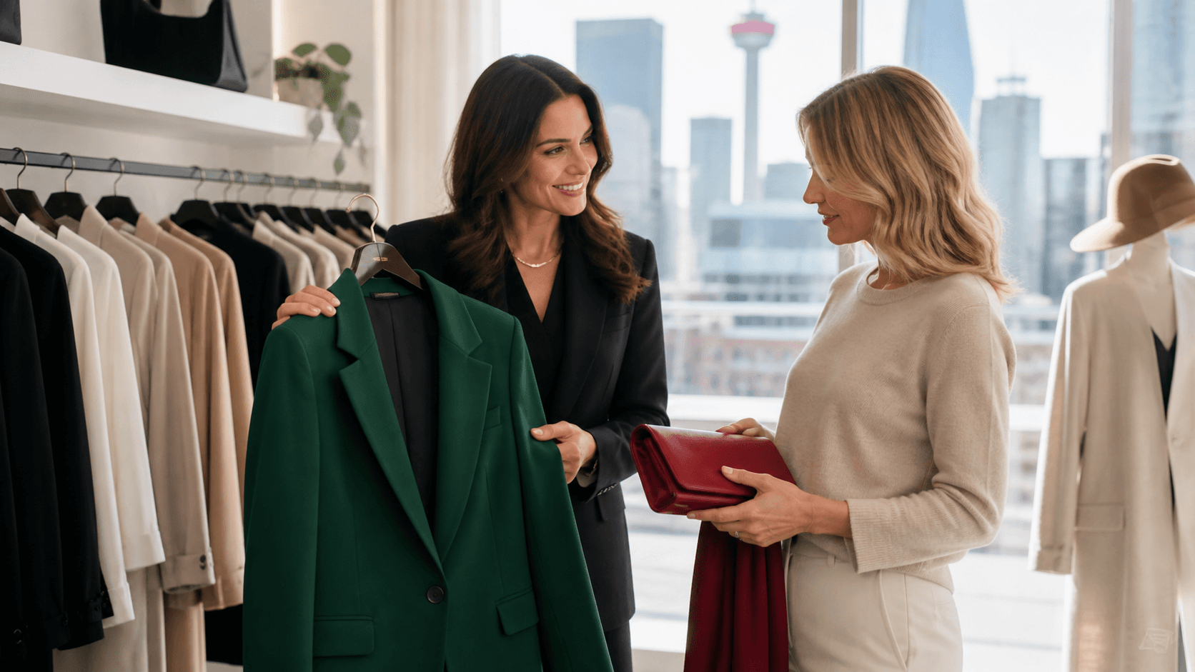 Stylish shopper in a bright Calgary boutique, comparing red and green clothing tags on a rack.