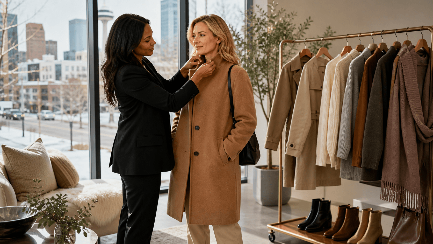 Stylish woman in a camel coat layers knitwear and boots beside a rack of muted autumn clothing.