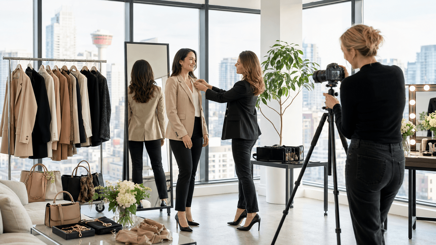 Woman in a bright studio examines outfits on a clothing rack beside a camera, with soft natural light.