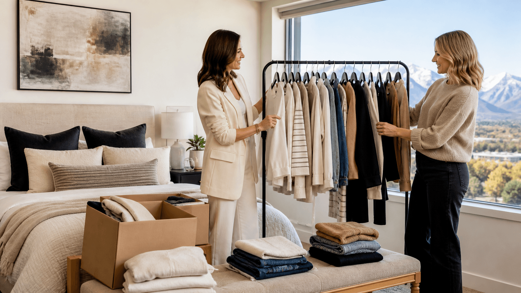 Neatly organized neutral-toned clothing hangs in a bright minimalist wardrobe beside labeled storage boxes.
