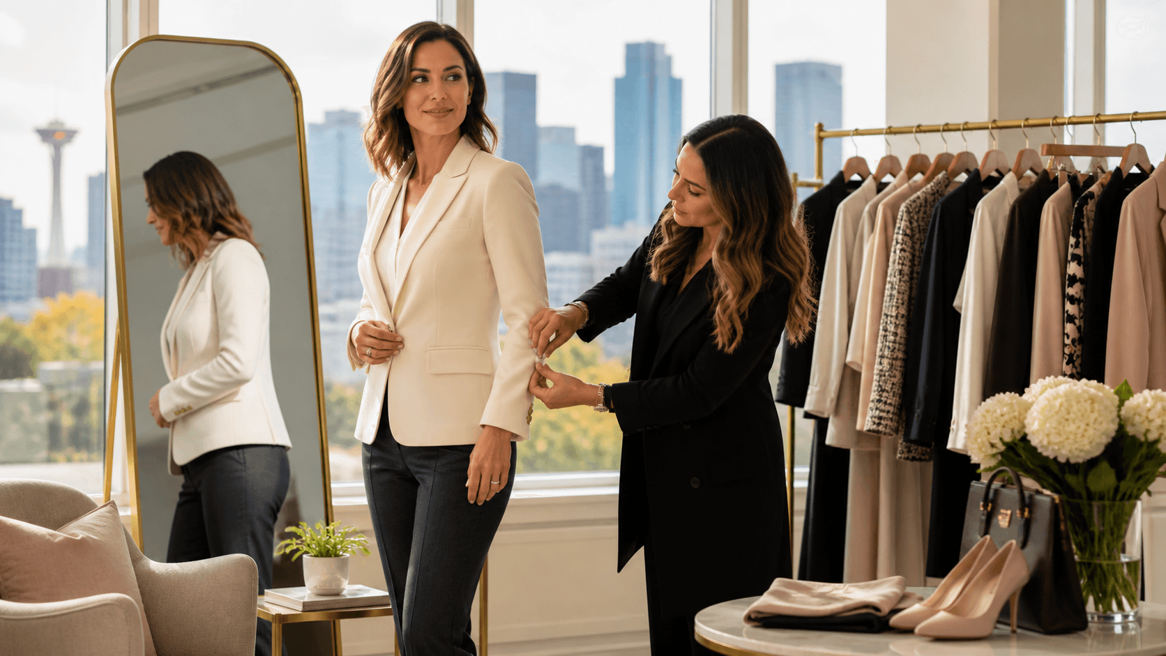 Stylish professional in a neutral-toned blazer stands before a curated clothing rack in a bright boutique.