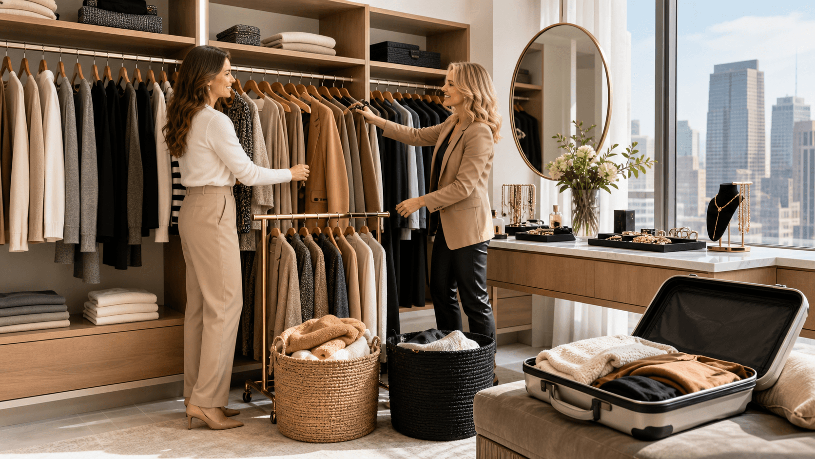 Bright walk-in closet with neatly arranged clothes, white shelving, wicker baskets, and soft natural window light