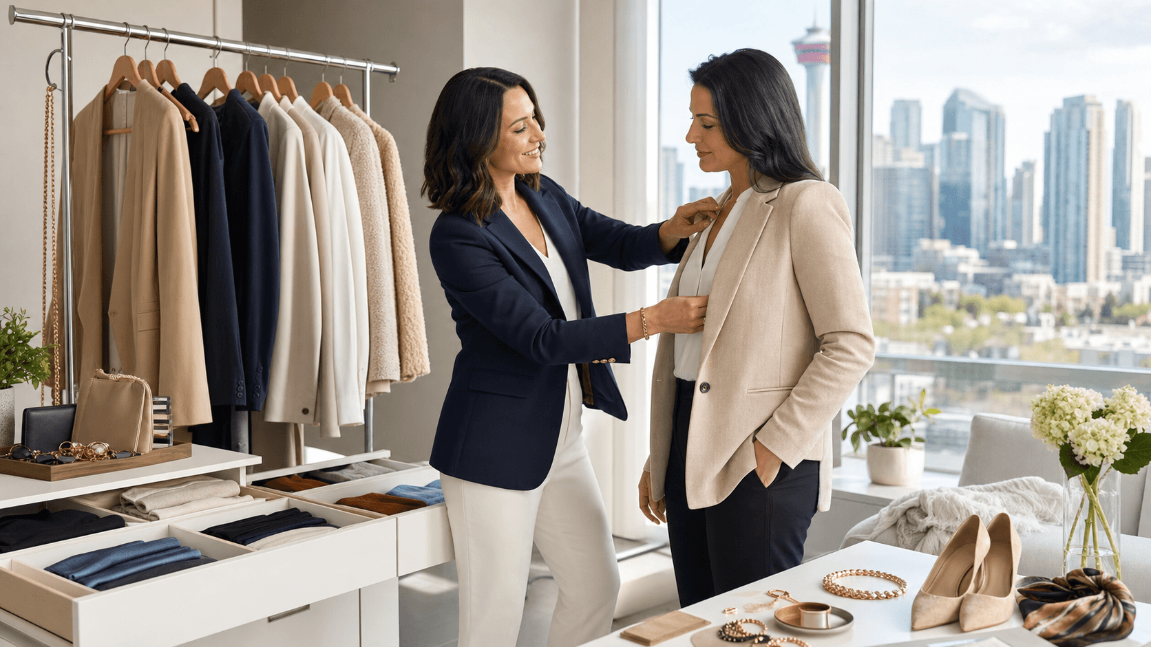 Sunlit clothing rack with neatly arranged neutral outfits beside a full-length mirror and minimalist styling tools.