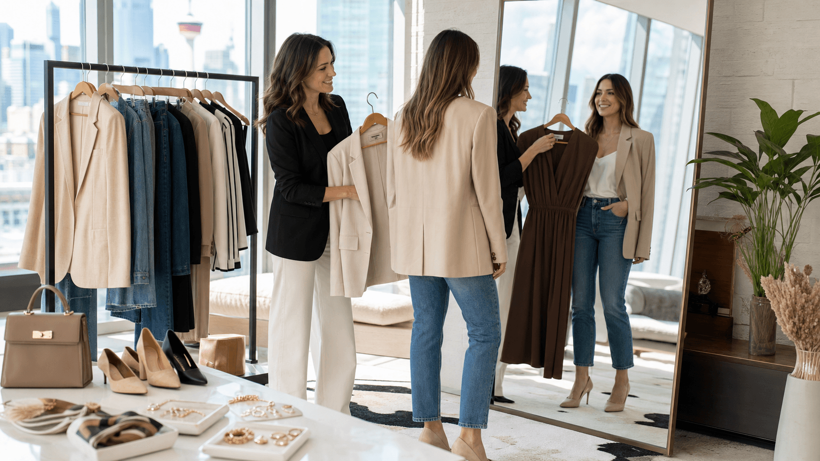 Bright walk-in closet with neatly hung clothes, a full-length mirror, and soft natural light from a window